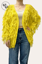 Fringe Decor Long Sleeve Yellow Knitted Cardigan